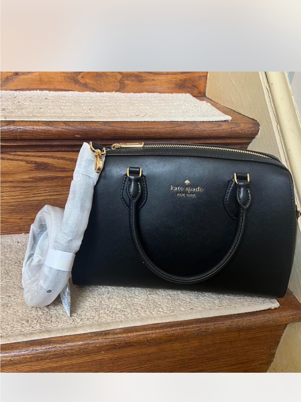 kate spade Black Saffiano Dome Satchel with Gold Accents